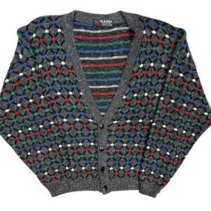 Vintage 80s Scandia Colorful Pattern Knit Cardigan Made in USA XL